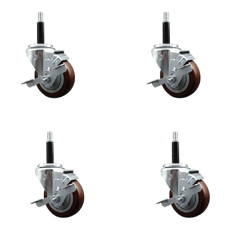 Service Caster 5'' Maroon Poly Swivel 3/4'' Expanding Stem Caster Set with Brake, 4PK SCC-EX20S514-PPUB-MRN-TLB-34-4